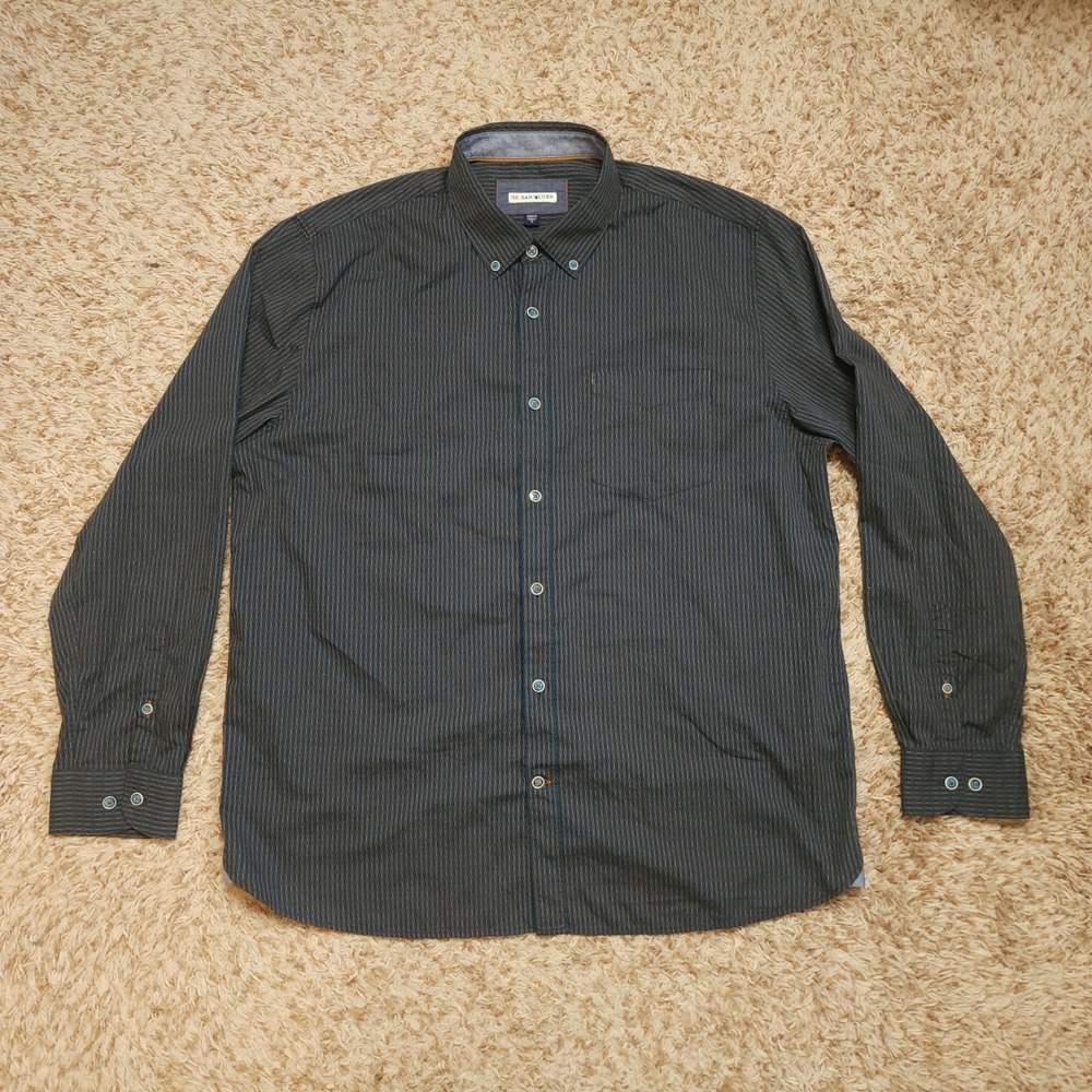 32 Bar Blues Button Down Shirt Mens XL Navy Blue Orange Micro Stripe Cotton
